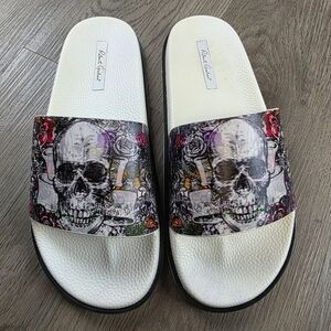 Robert Graham Whiterford Graphic Skull Leather Slides Size 9